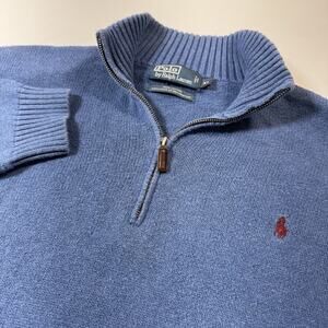 Polo Ralph Lauren 1/4 Zip Sweater XL Blue Cotton Knit Pullover Red Pony Logo